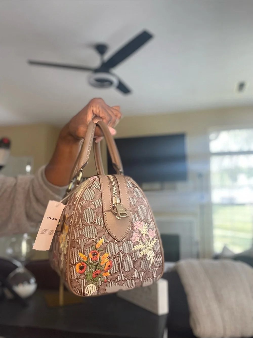Coach Brown Signature Floral Embroidery Medium Rowan Satchel